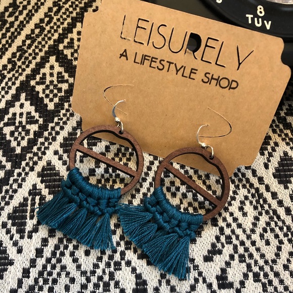 Teal Tassel Earrings | Dark Wood, Cotton & Silver - Picture 8 of 11